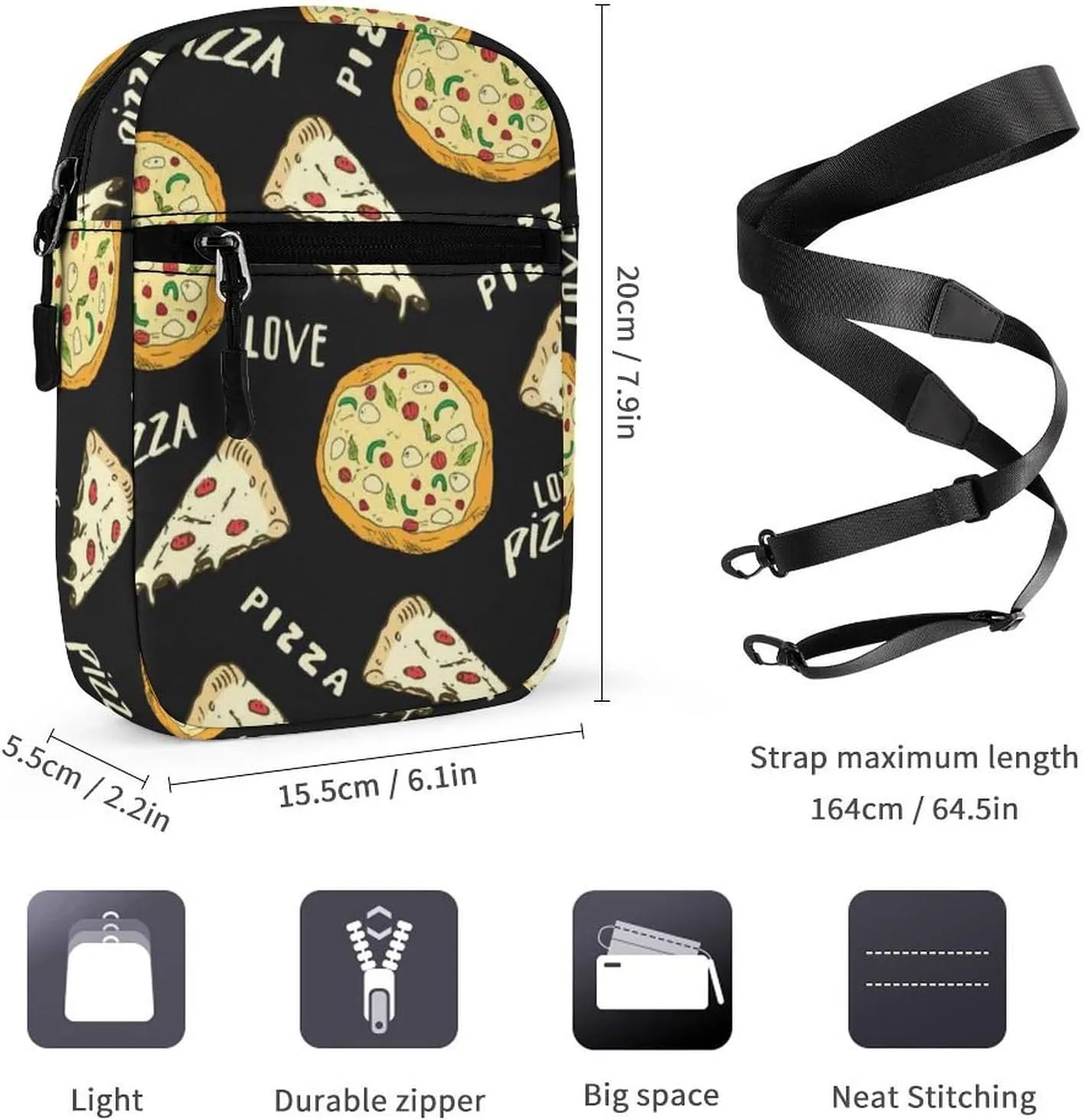 Seamless Yellow Pizza Slice Doodles and Pizza Words on Black Adjustable Fanny Waist Pack Pouch, Waterproof Crossbody Runners Bag Wallet for Gym Hiking Fitness Women Men 6.1 x 2.2 x 7.9 inch