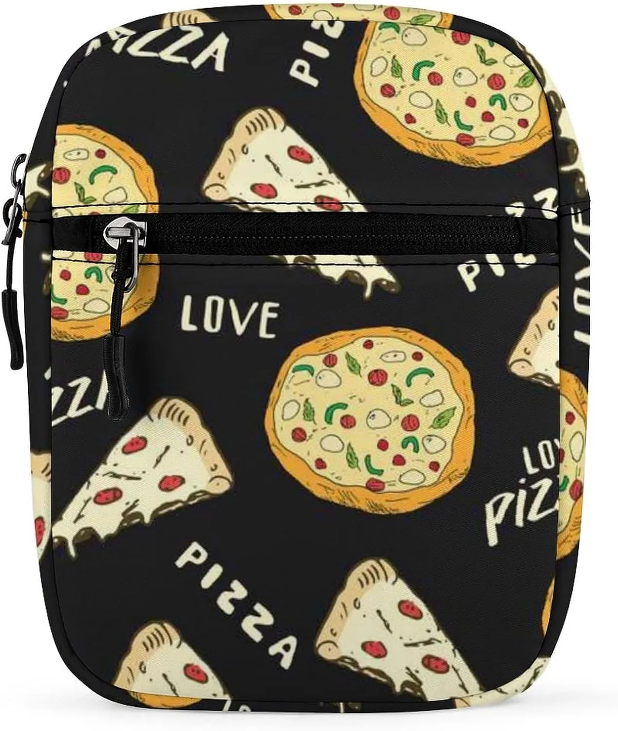 Seamless Yellow Pizza Slice Doodles and Pizza Words on Black Adjustable Fanny Waist Pack Pouch, Waterproof Crossbody Runners Bag Wallet for Gym Hiking Fitness Women Men 6.1 x 2.2 x 7.9 inch