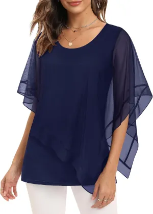 SeSe Code Women's Elegant Mesh Blouses Flowy Poncho Tops Dressy Casual Shirts