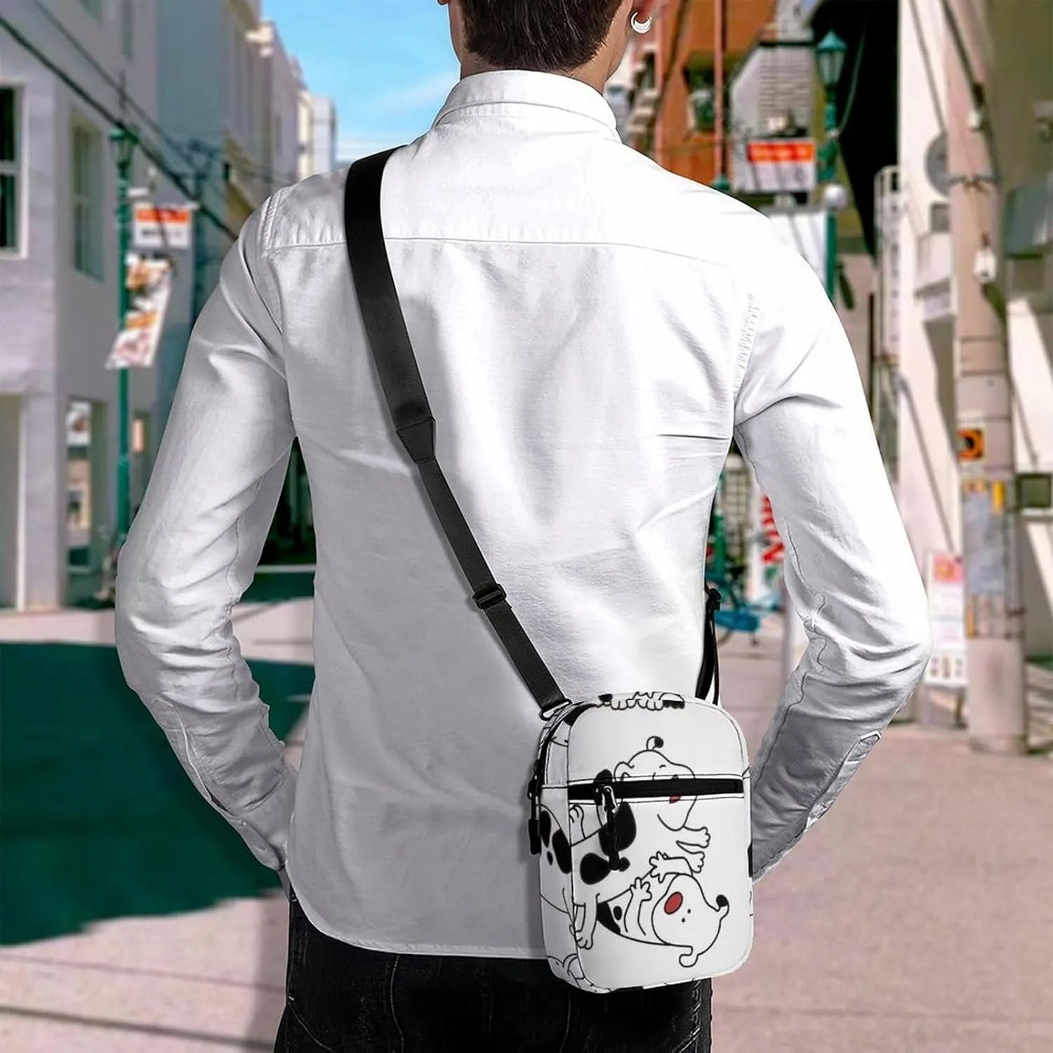 Set of Cartoon Cow Dogs Do Different Actions on White Adjustable Fanny Waist Pack Pouch, Waterproof Crossbody Runners Bag Wallet for Gym Hiking Fitness Women Men 6.1 x 2.2 x 7.9 inch