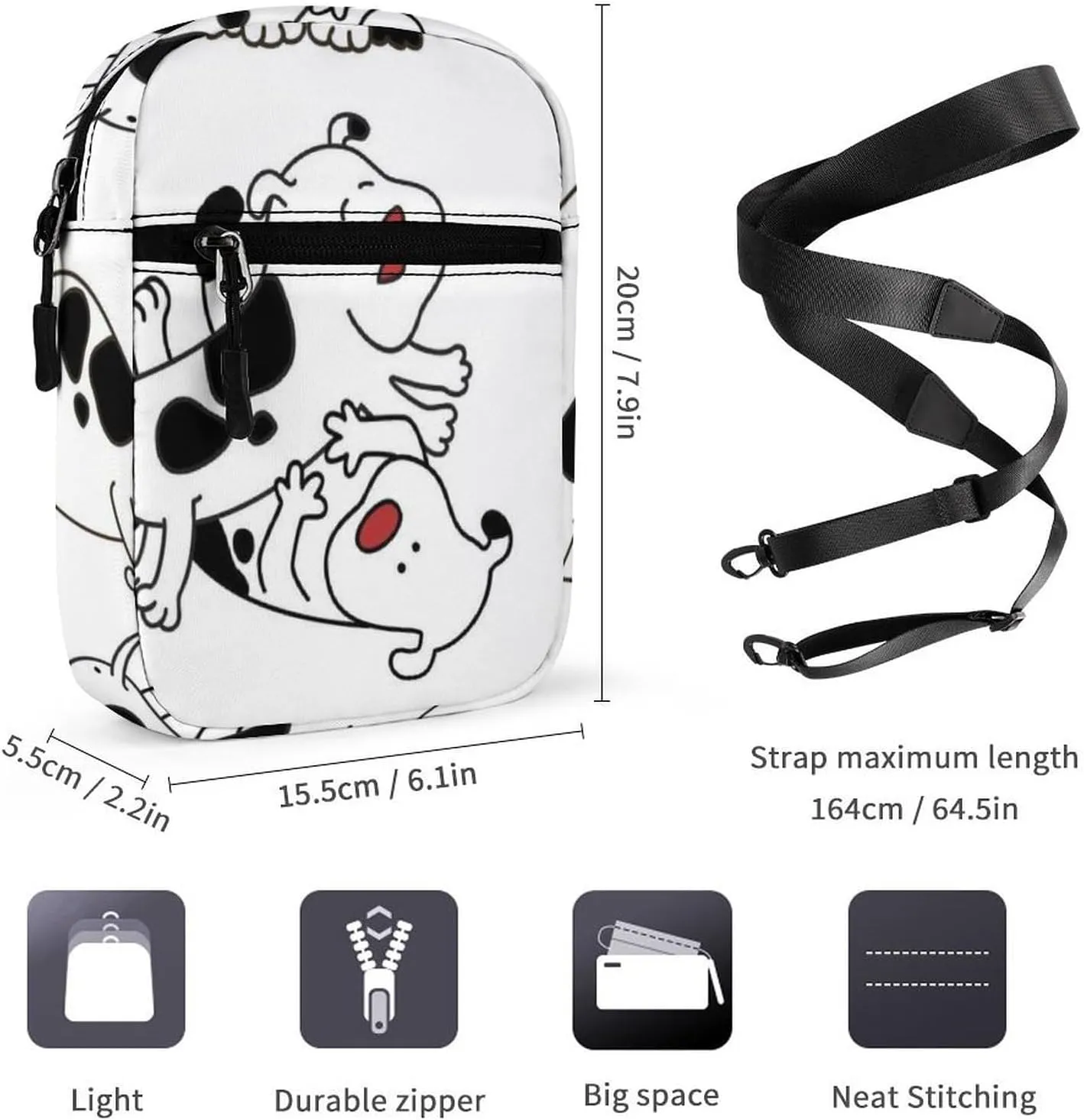 Set of Cartoon Cow Dogs Do Different Actions on White Adjustable Fanny Waist Pack Pouch, Waterproof Crossbody Runners Bag Wallet for Gym Hiking Fitness Women Men 6.1 x 2.2 x 7.9 inch