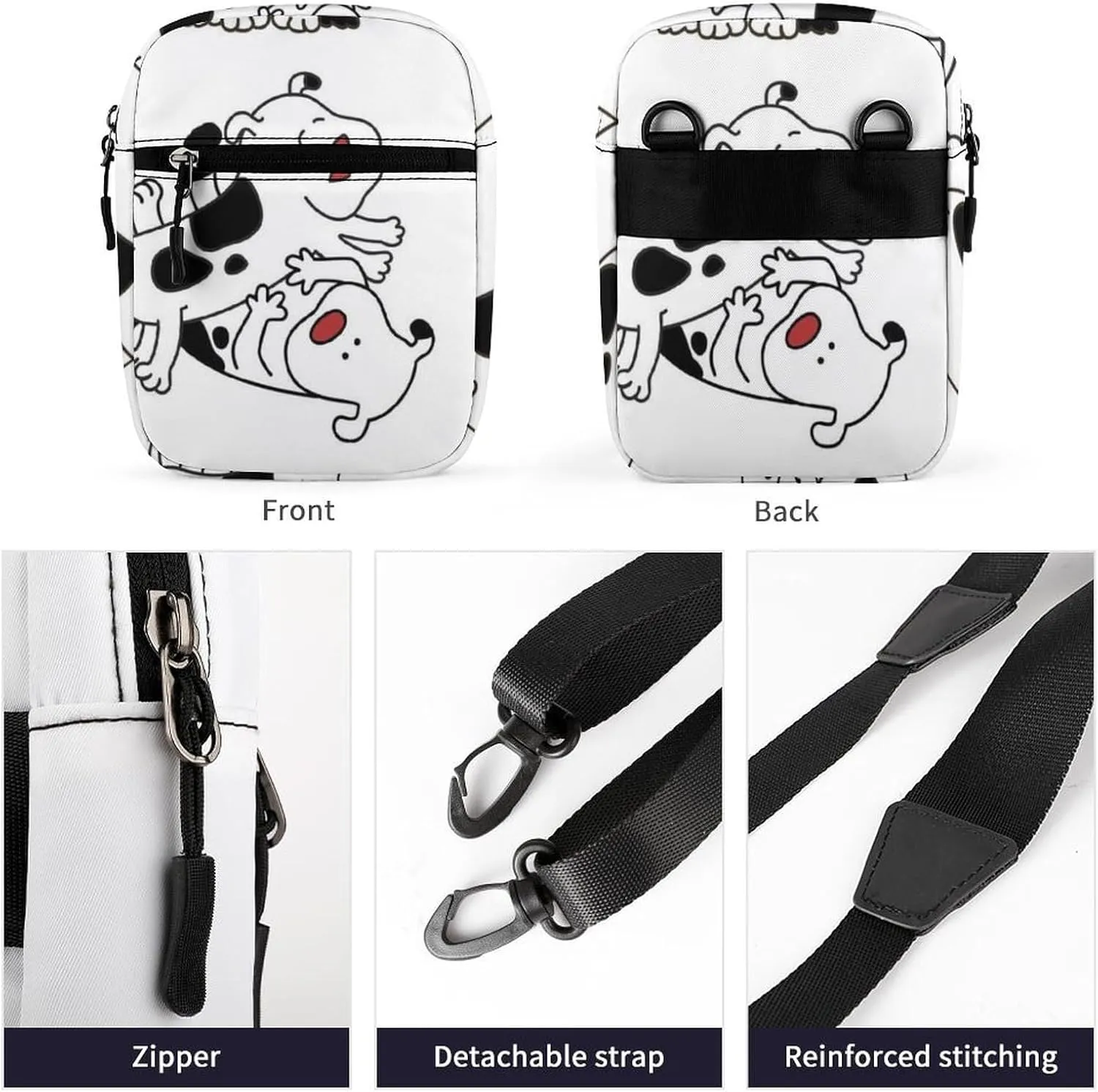Set of Cartoon Cow Dogs Do Different Actions on White Adjustable Fanny Waist Pack Pouch, Waterproof Crossbody Runners Bag Wallet for Gym Hiking Fitness Women Men 6.1 x 2.2 x 7.9 inch