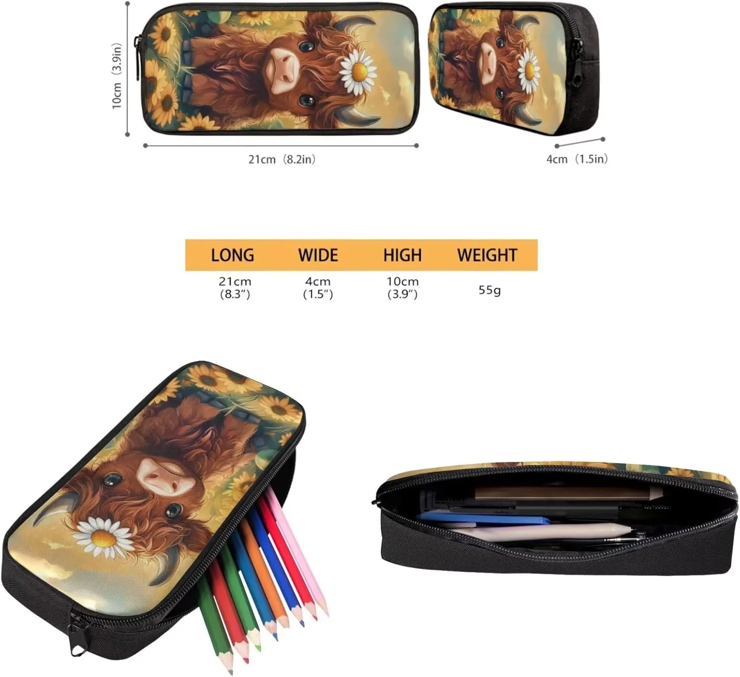 Showudesigns Highland Cow Backpack for Girls Middle School Bag and Lunch Bag Set Pencil Case 3 In 1 Elementary Bookbag School Back Packs for Kids Boys Students Daycare Satchel Sunflower Rucksack