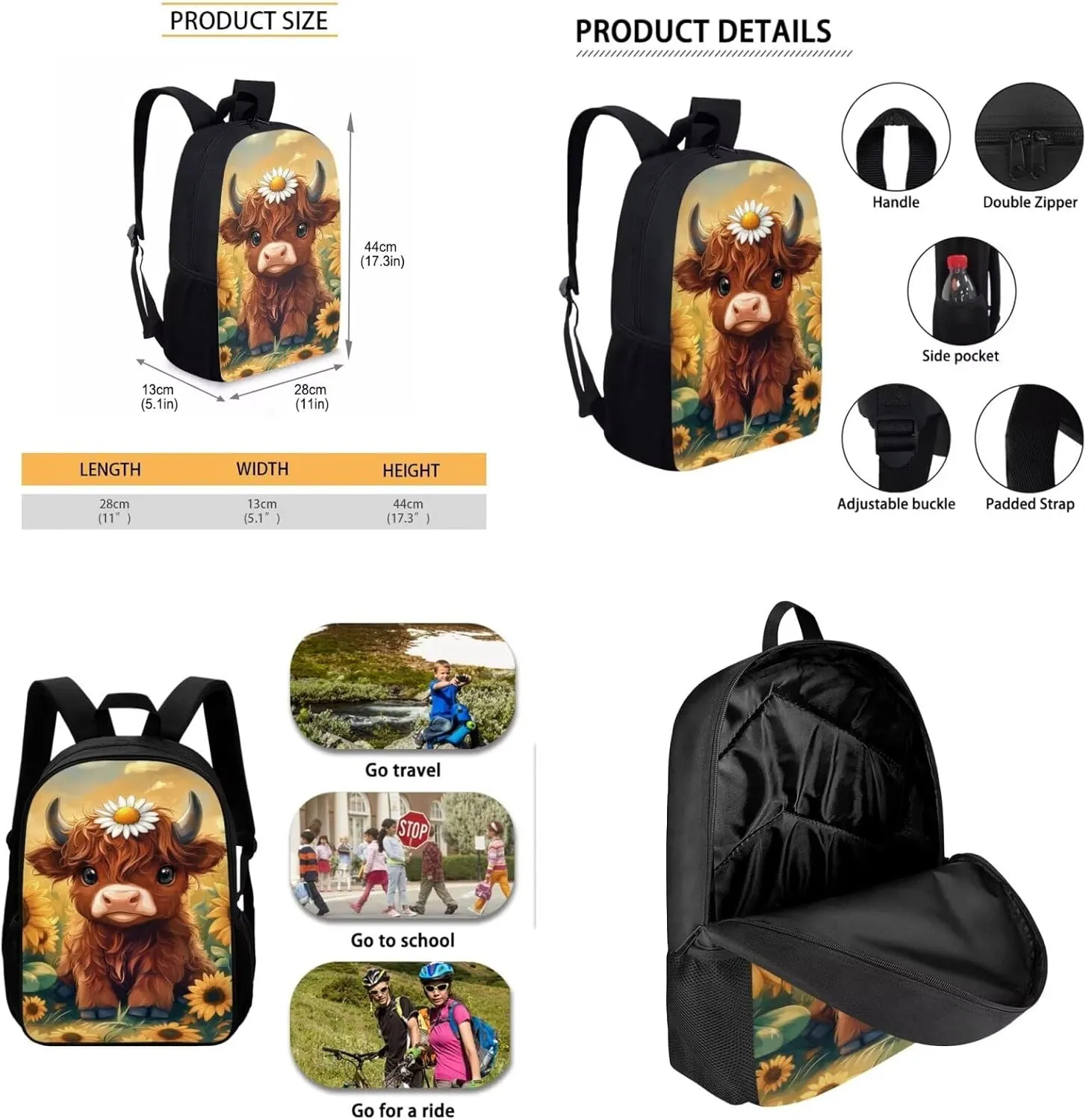 Showudesigns Highland Cow Backpack for Girls Middle School Bag and Lunch Bag Set Pencil Case 3 In 1 Elementary Bookbag School Back Packs for Kids Boys Students Daycare Satchel Sunflower Rucksack