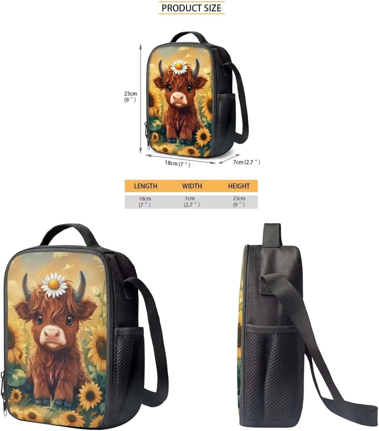 Showudesigns Highland Cow Backpack for Girls Middle School Bag and Lunch Bag Set Pencil Case 3 In 1 Elementary Bookbag School Back Packs for Kids Boys Students Daycare Satchel Sunflower Rucksack