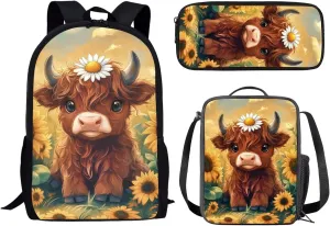 Showudesigns Highland Cow Backpack for Girls Middle School Bag and Lunch Bag Set Pencil Case 3 In 1 Elementary Bookbag School Back Packs for Kids Boys Students Daycare Satchel Sunflower Rucksack