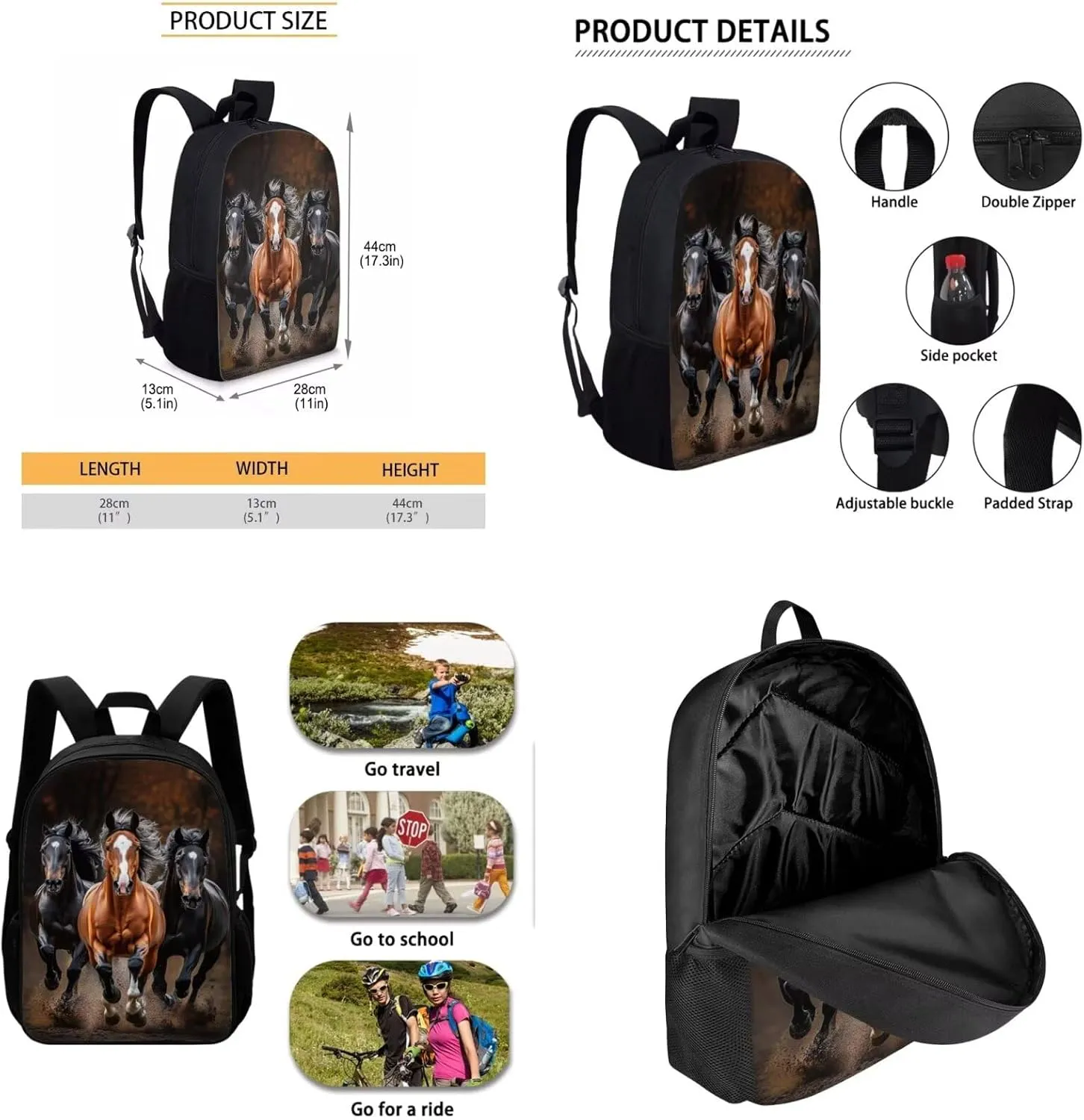 Showudesigns Horse Backpack for Boys 8-12 12-14 Middle School Bag Set with Lunchbox Pencil Case Large Capacity Bookbag Elementary High School Bag Packs for Kids Child Daypack Satchel 3 In 1