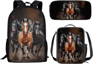 Showudesigns Horse Backpack for Boys 8-12 12-14 Middle School Bag Set with Lunchbox Pencil Case Large Capacity Bookbag Elementary High School Bag Packs for Kids Child Daypack Satchel 3 In 1