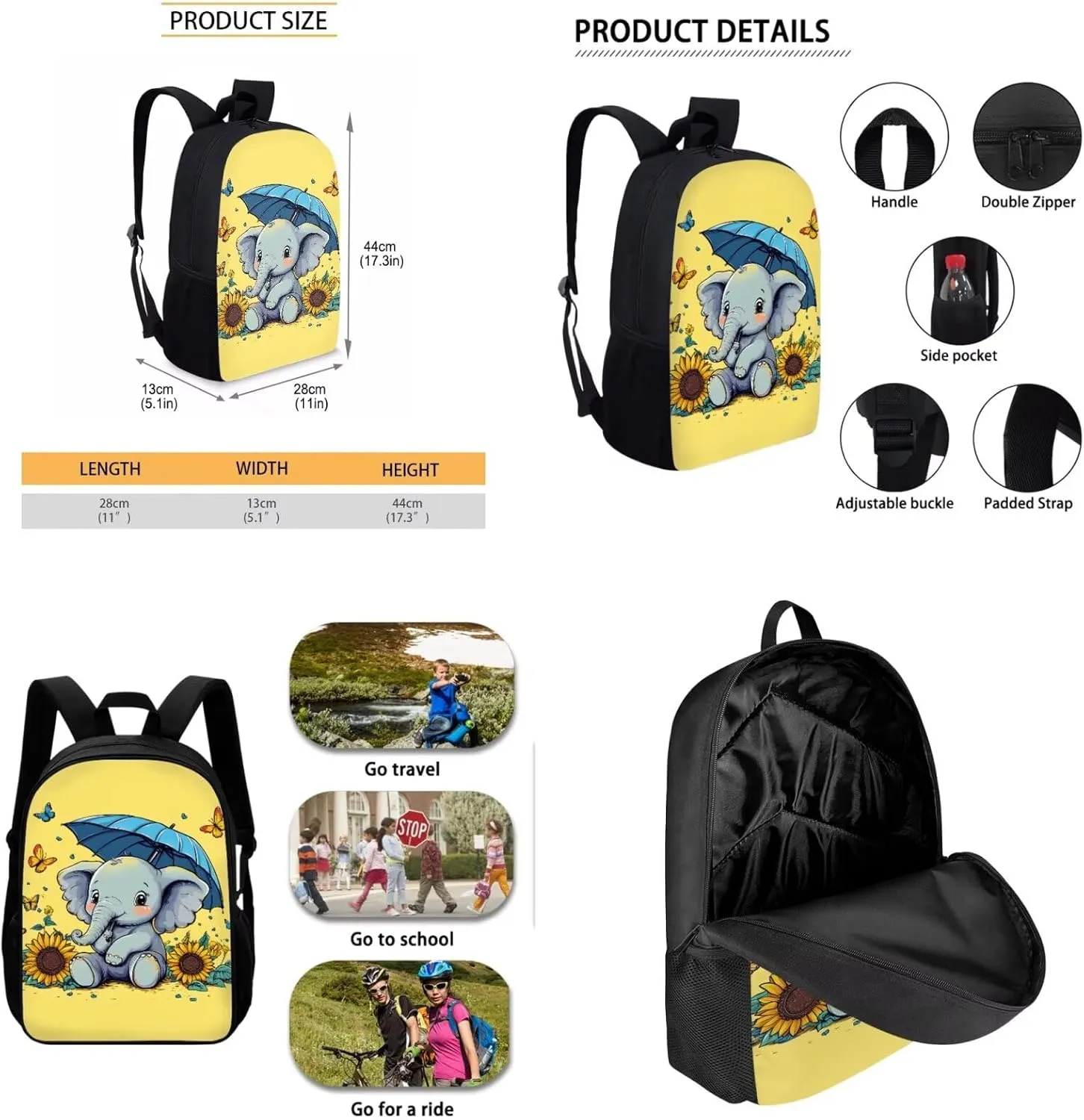Showudesigns Sunflower Elephant School Bags for Girls Boys 5-7 7-10 Primary Backpack and Lunch Box Set Pencil Case Cute 17inch Bookbag Kindergarten School Back Packs Large Capacity Travel Daypack
