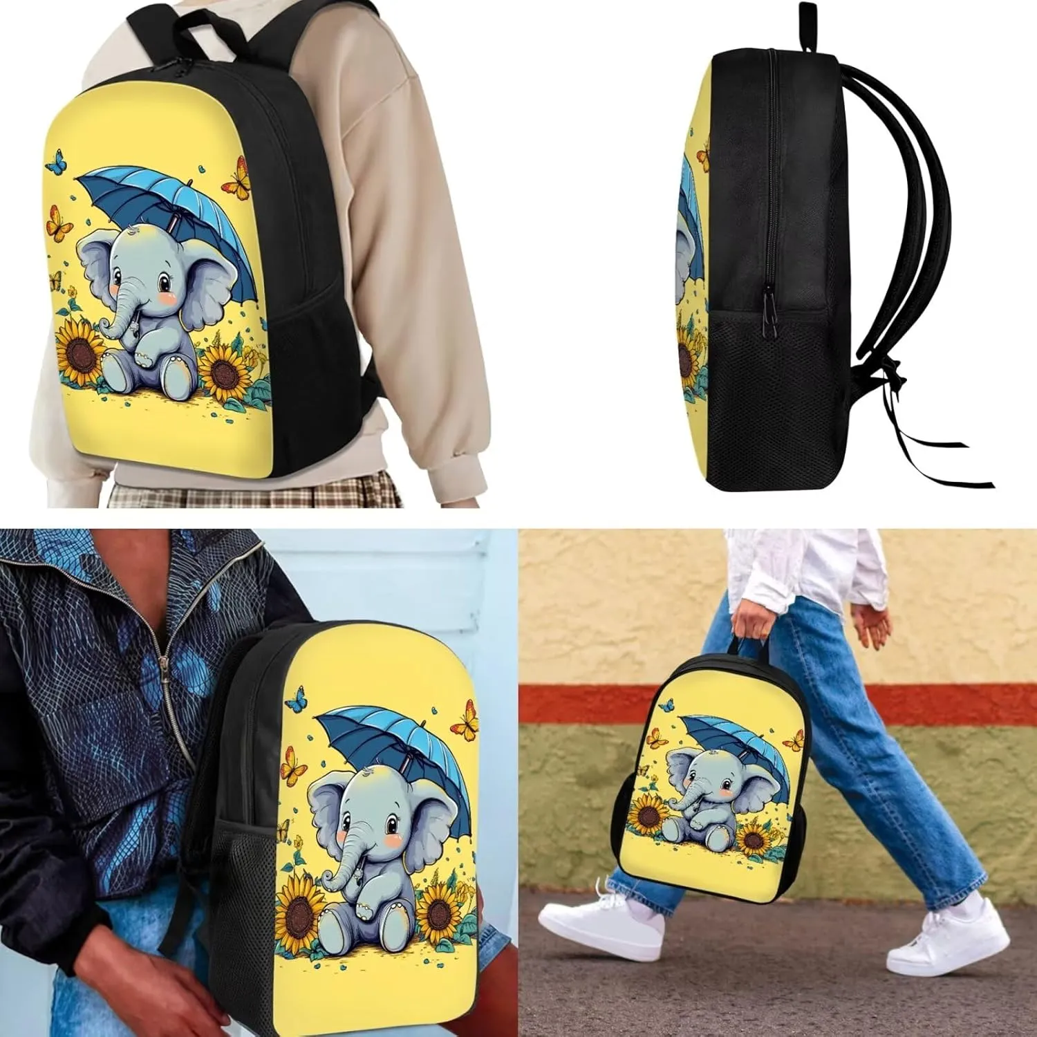 Showudesigns Sunflower Elephant School Bags for Girls Boys 5-7 7-10 Primary Backpack and Lunch Box Set Pencil Case Cute 17inch Bookbag Kindergarten School Back Packs Large Capacity Travel Daypack