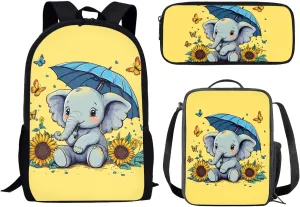 Showudesigns Sunflower Elephant School Bags for Girls Boys 5-7 7-10 Primary Backpack and Lunch Box Set Pencil Case Cute 17inch Bookbag Kindergarten School Back Packs Large Capacity Travel Daypack