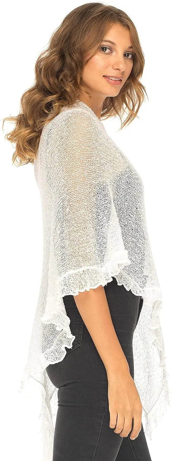 SHU-SHI Womens Sheer Poncho Shrug Lightweight Knit Ruffle Pullover Sweater Top