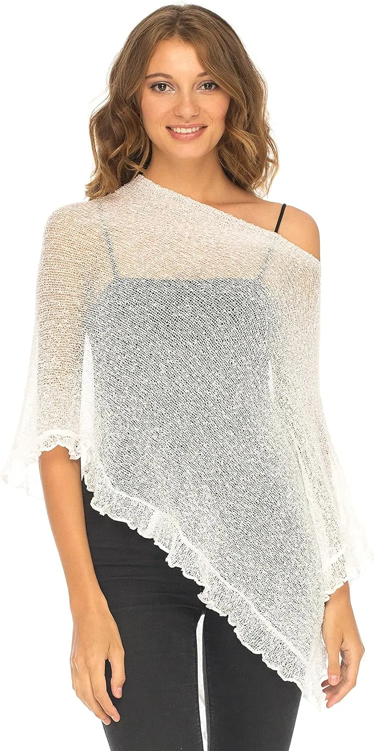 SHU-SHI Womens Sheer Poncho Shrug Lightweight Knit Ruffle Pullover Sweater Top
