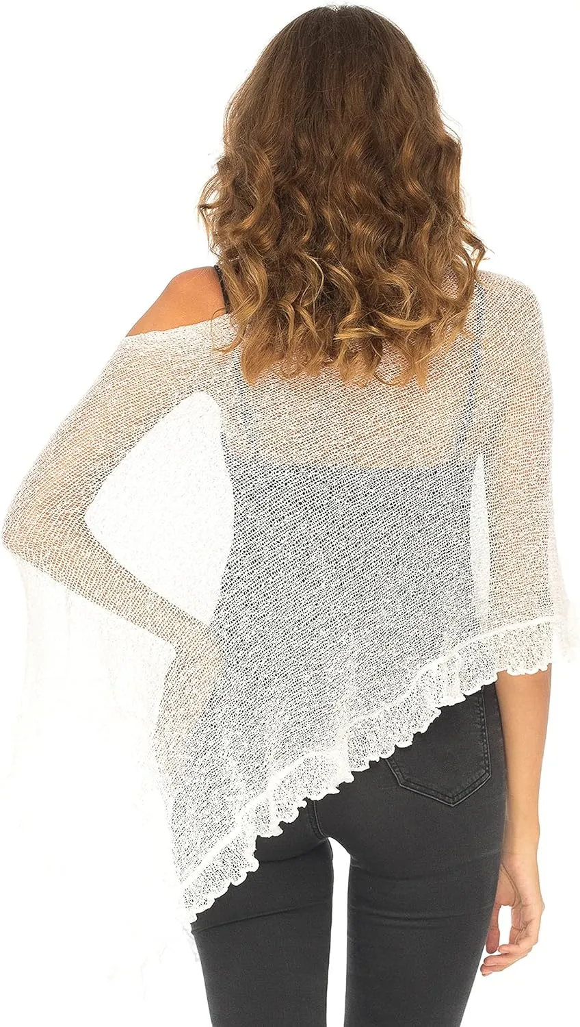 SHU-SHI Womens Sheer Poncho Shrug Lightweight Knit Ruffle Pullover Sweater Top