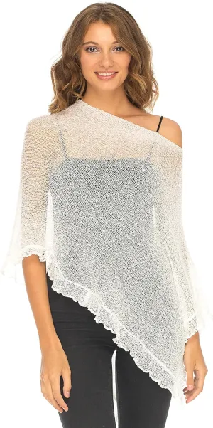 SHU-SHI Womens Sheer Poncho Shrug Lightweight Knit Ruffle Pullover Sweater Top