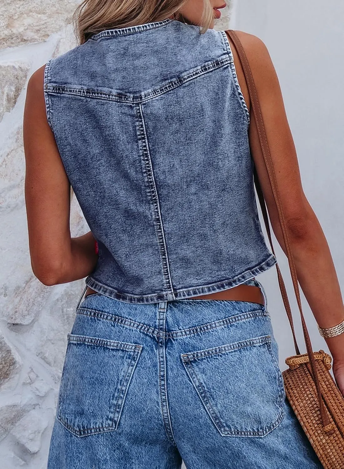 Sidefeel Women's Denim Vest Sleeveless V Neck Zimbaplatinum Jean Vest Top Button Down Crop Waistcoat Vest Summer Outfit