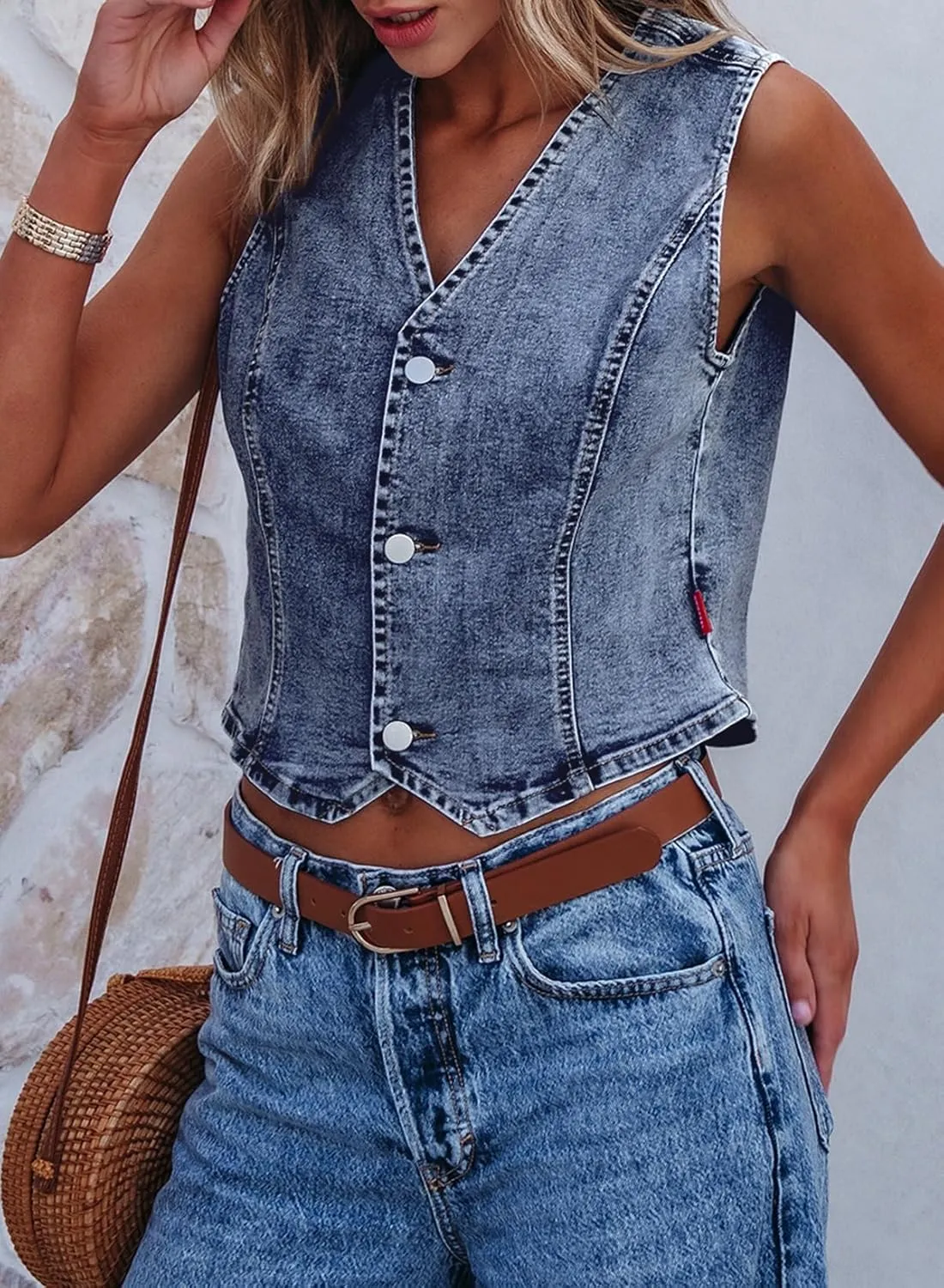 Sidefeel Women's Denim Vest Sleeveless V Neck Zimbaplatinum Jean Vest Top Button Down Crop Waistcoat Vest Summer Outfit