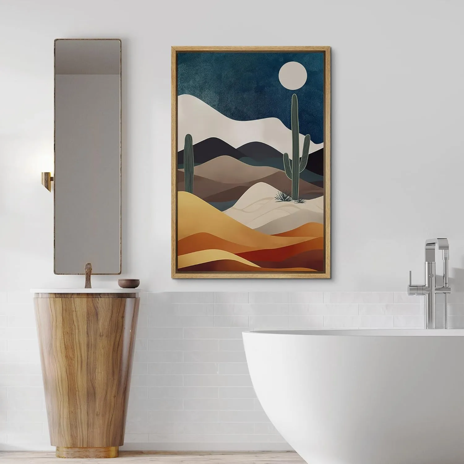 SIGNFORD Framed Canvas Print Wall Art Midnight Moon Cactus Desert Dune Nature Wilderness Illustrations Decorative Bohemian Rustic Mid-Century Modern Desert Landscape for Bedroom - 16"x24" Natural