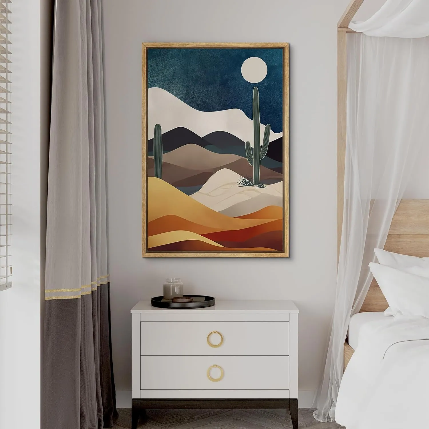SIGNFORD Framed Canvas Print Wall Art Midnight Moon Cactus Desert Dune Nature Wilderness Illustrations Decorative Bohemian Rustic Mid-Century Modern Desert Landscape for Bedroom - 16"x24" Natural