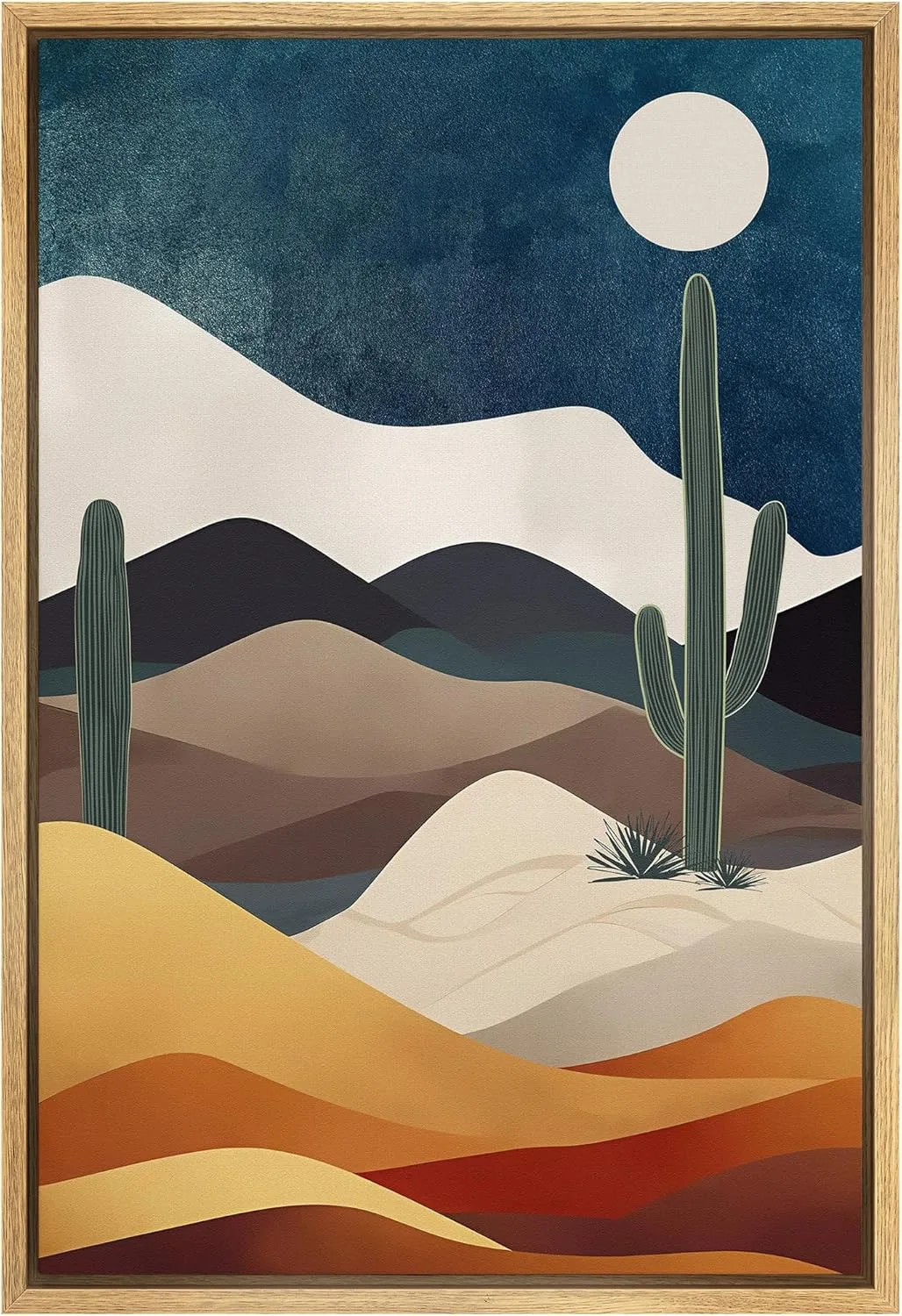 SIGNFORD Framed Canvas Print Wall Art Midnight Moon Cactus Desert Dune Nature Wilderness Illustrations Decorative Bohemian Rustic Mid-Century Modern Desert Landscape for Bedroom - 16"x24" Natural
