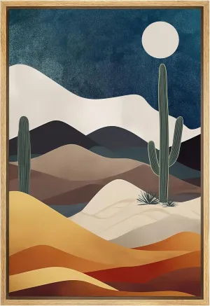 SIGNFORD Framed Canvas Print Wall Art Midnight Moon Cactus Desert Dune Nature Wilderness Illustrations Decorative Bohemian Rustic Mid-Century Modern Desert Landscape for Bedroom - 16"x24" Natural