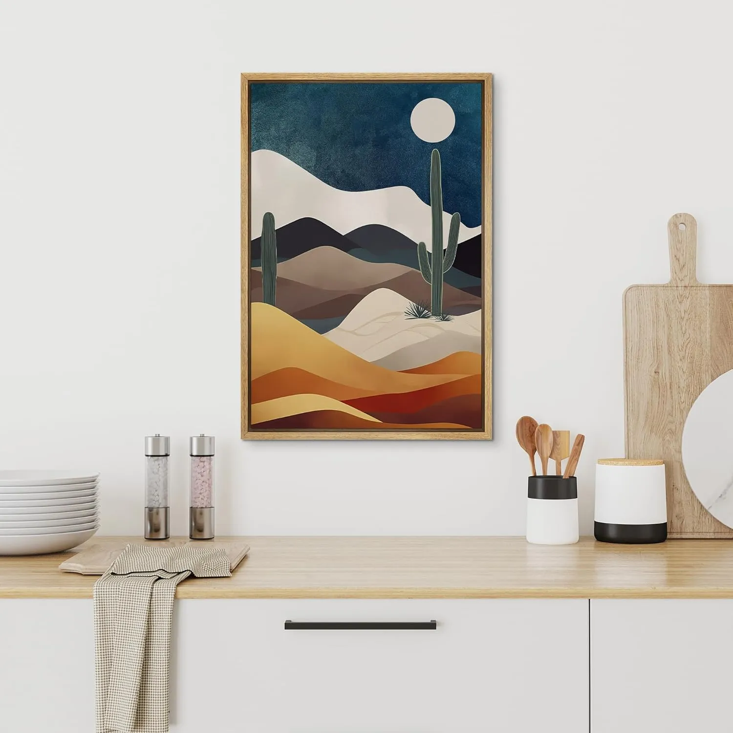 SIGNFORD Framed Canvas Print Wall Art Midnight Moon Cactus Desert Dune Nature Wilderness Illustrations Decorative Bohemian Rustic Mid-Century Modern Desert Landscape for Bedroom - 16"x24" Natural