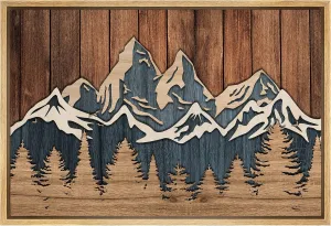 SIGNWIN Framed Canvas Print Wall Art Wood Panel Blue Mountain Range Forest Nature Wilderness Digital Art Modern Art Decorative Zen Countryside/Farm for Living Room, Bedroom, Office - 16"x24" Natural