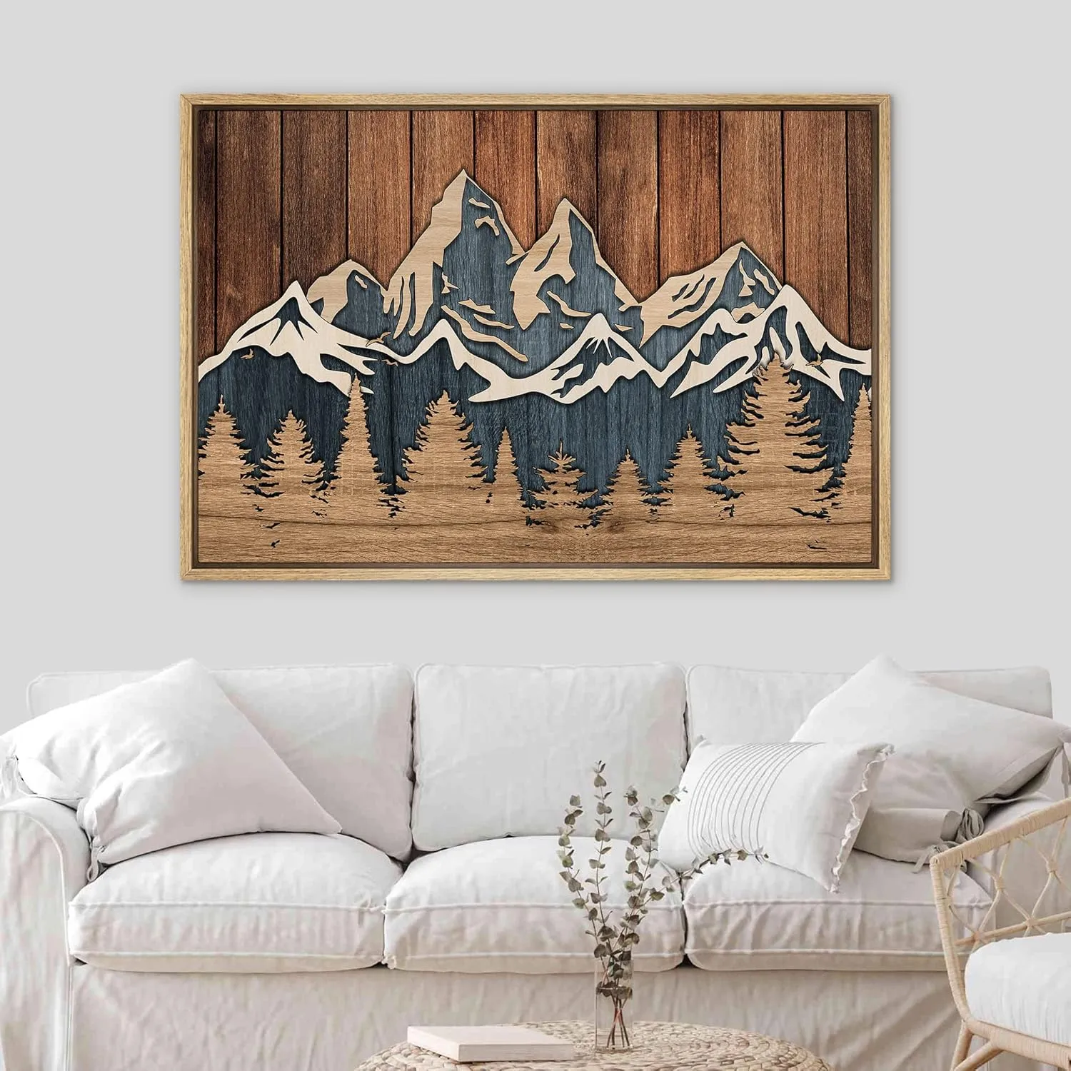SIGNWIN Framed Canvas Print Wall Art Wood Panel Blue Mountain Range Forest Nature Wilderness Digital Art Modern Art Decorative Zen Countryside/Farm for Living Room, Bedroom, Office - 16"x24" Natural