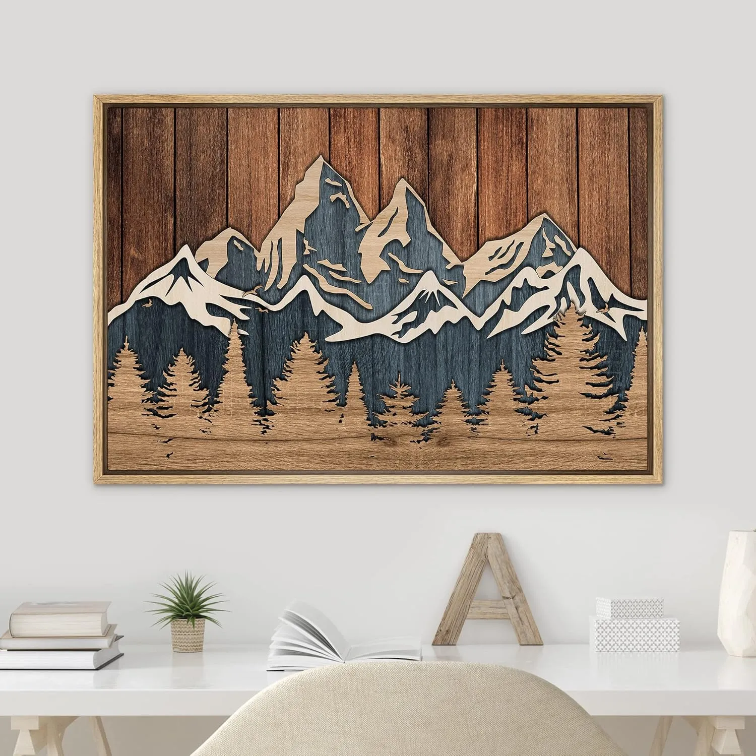 SIGNWIN Framed Canvas Print Wall Art Wood Panel Blue Mountain Range Forest Nature Wilderness Digital Art Modern Art Decorative Zen Countryside/Farm for Living Room, Bedroom, Office - 16"x24" Natural