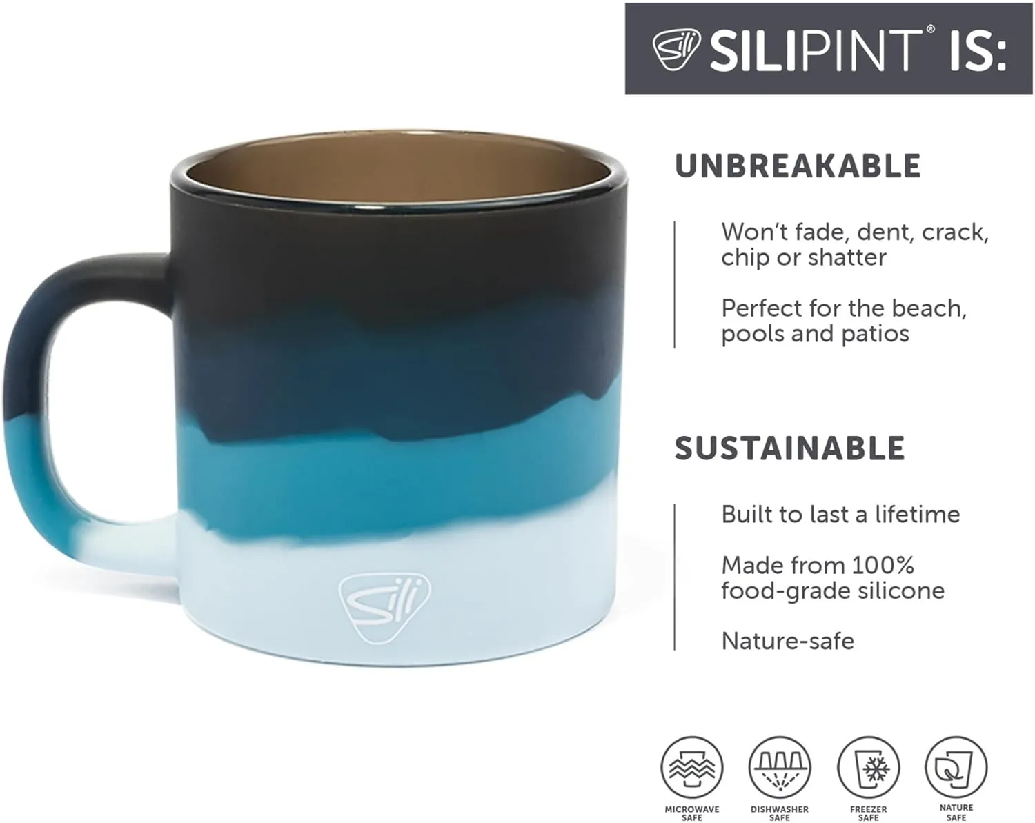 Silipint: Coffee Mug 16oz: 2 Pack - Moon Beam - Silicone Handled Unbreakable Cups, Hot/Cold Drinks, Dishwasher-Microwave-Freezer-Oven Safe