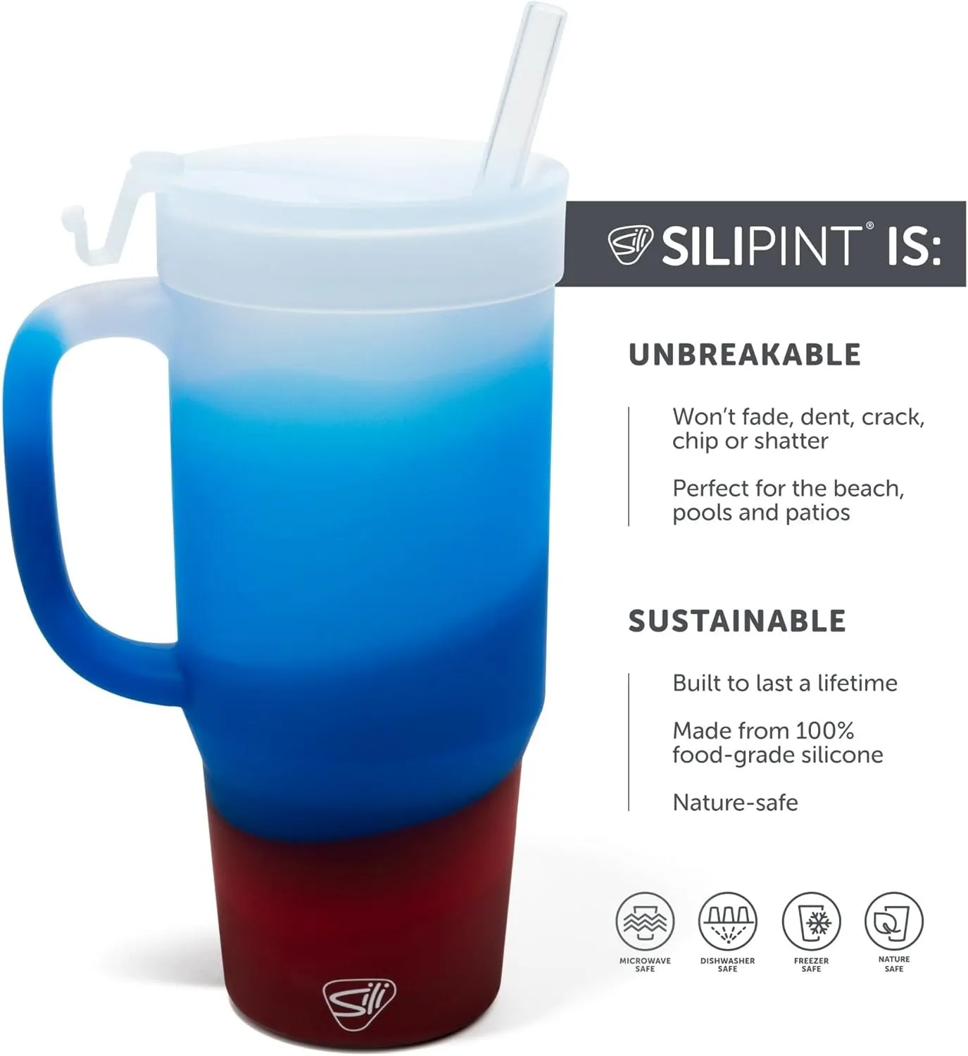 Silipint: Humbler 32oz - Americana - Silicone Handled Tumbler w/Lid & Straw, Unbreakable Cup, Hot/Cold Drinks, Dishwasher-Microwave-Freezer-Oven Safe