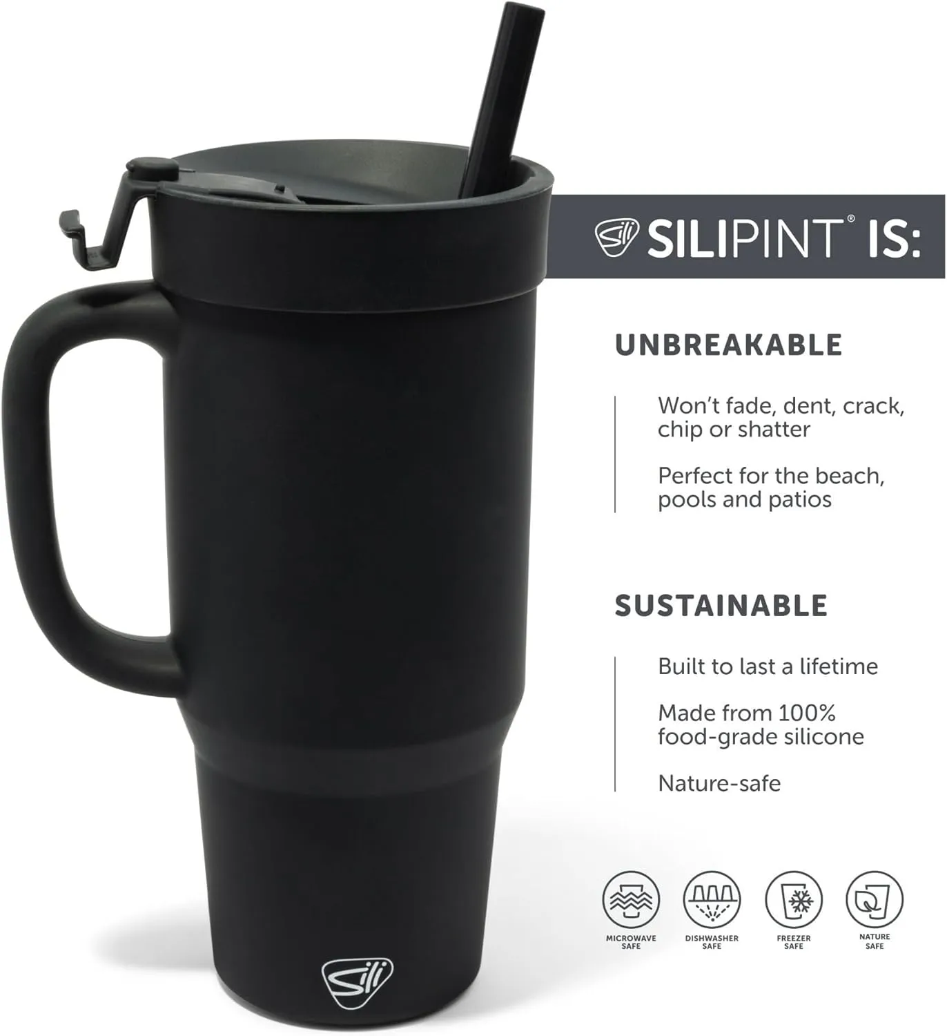 Silipint: Humbler 32oz - Classic Black - Silicone Handled Tumbler w/Lid & Straw, Unbreakable, Hot/Cold Drinks, Dishwasher-Microwave-Freezer-Oven Safe