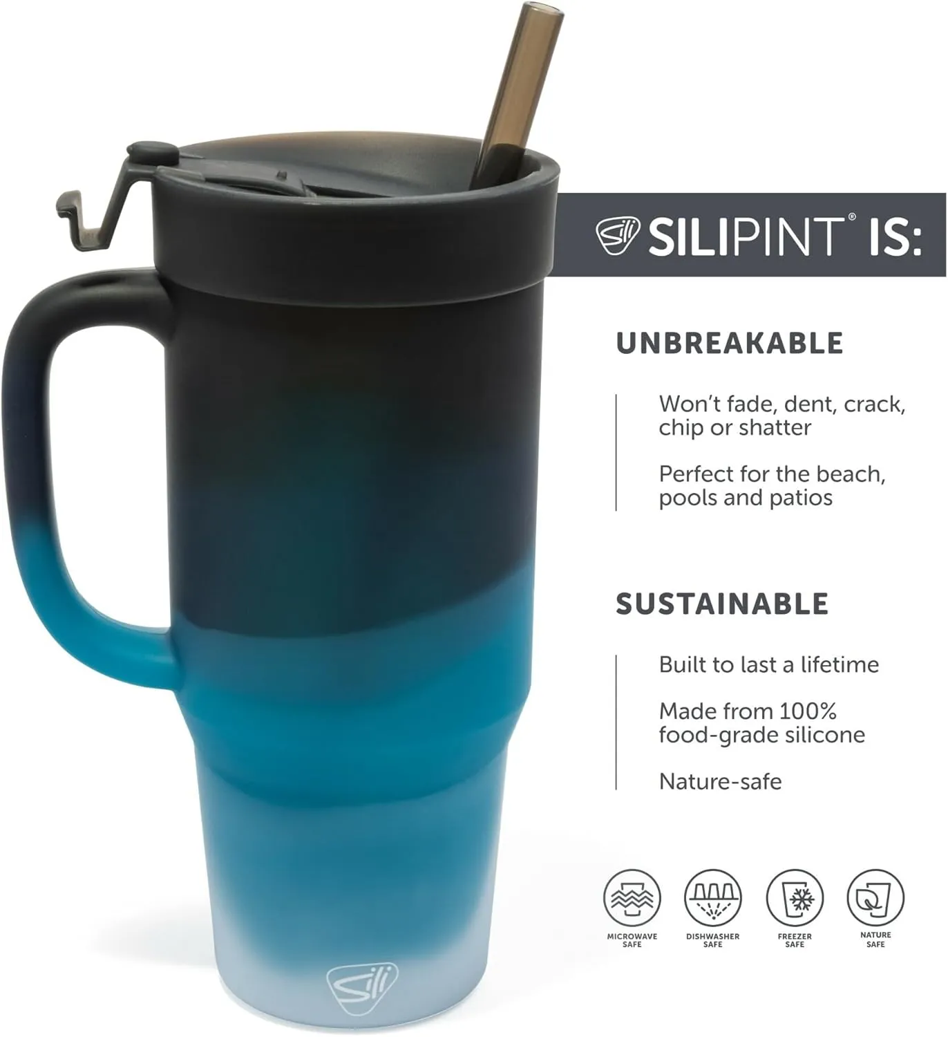 Silipint: Humbler 32oz - Moon Beam - Silicone Handled Tumbler w/Lid & Straw, Unbreakable, Hot/Cold Drinks, Dishwasher-Microwave-Freezer-Oven Safe