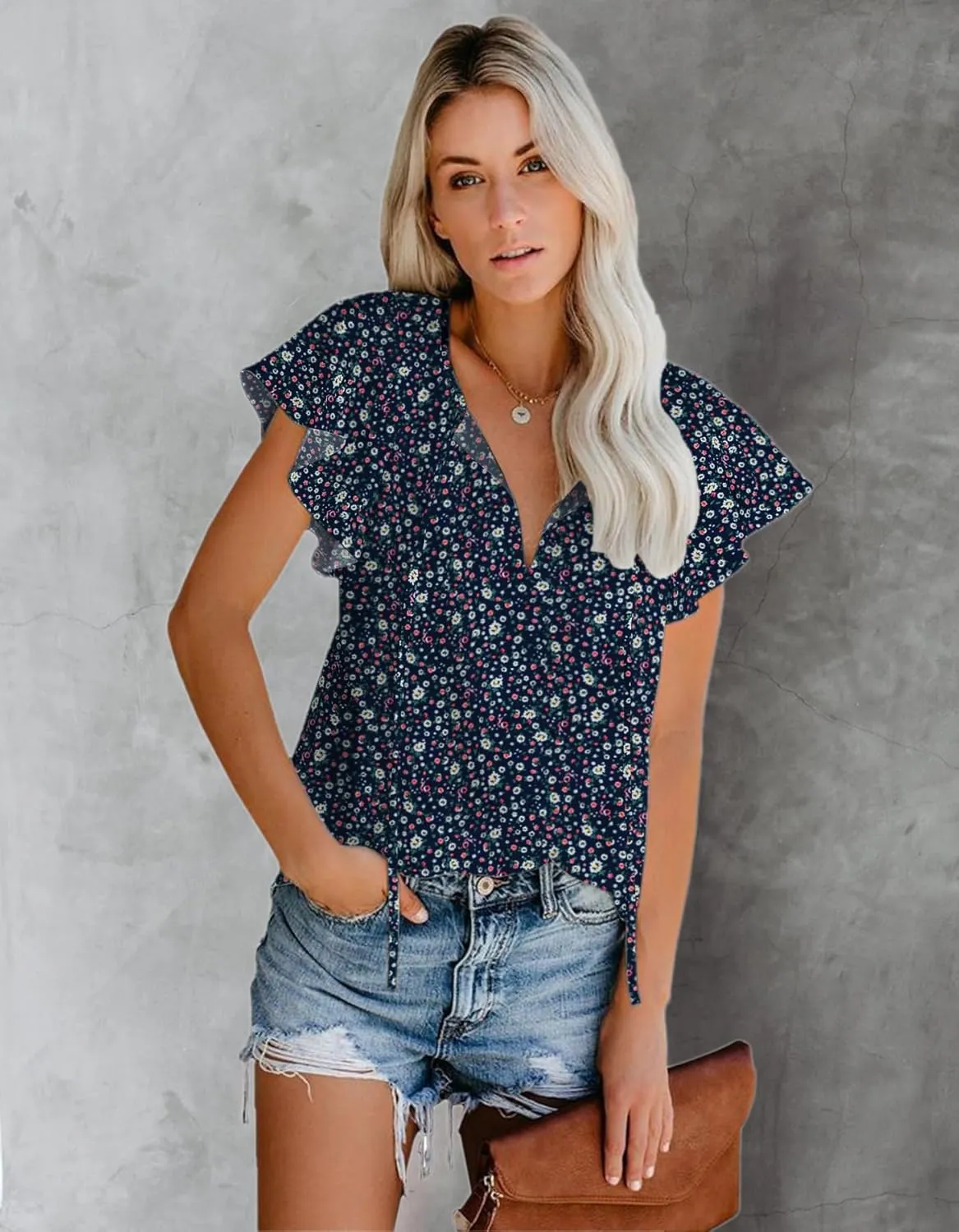 SimpleFun Women's Boho Tops Floral V Neck Short Sleeve Summer Blouse Shirts