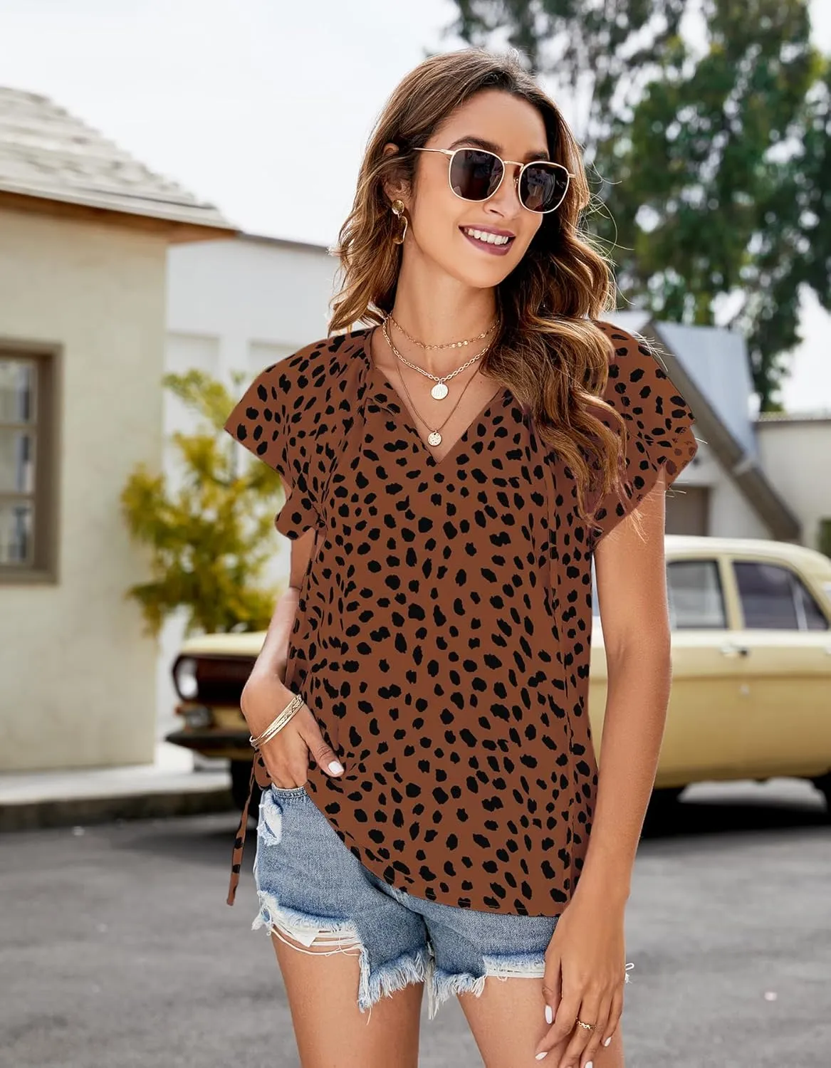 SimpleFun Women's Boho Tops Floral V Neck Short Sleeve Summer Blouse Shirts