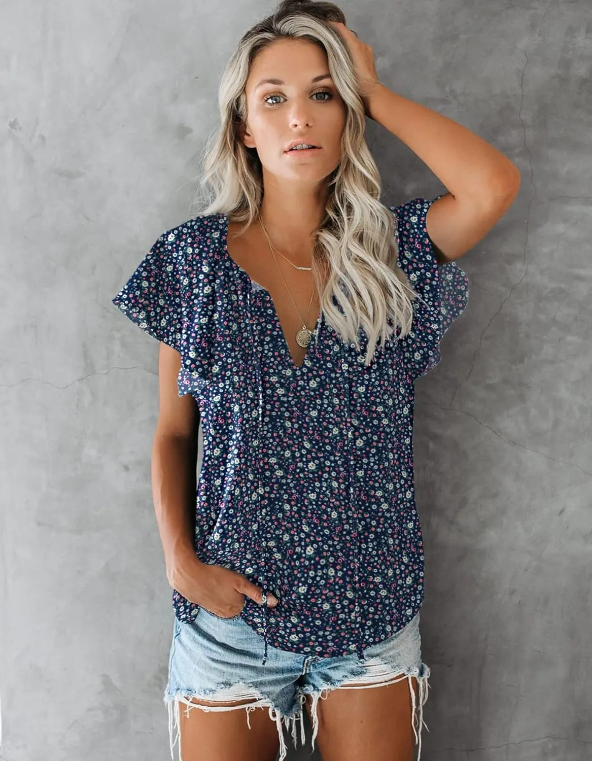 SimpleFun Women's Boho Tops Floral V Neck Short Sleeve Summer Blouse Shirts