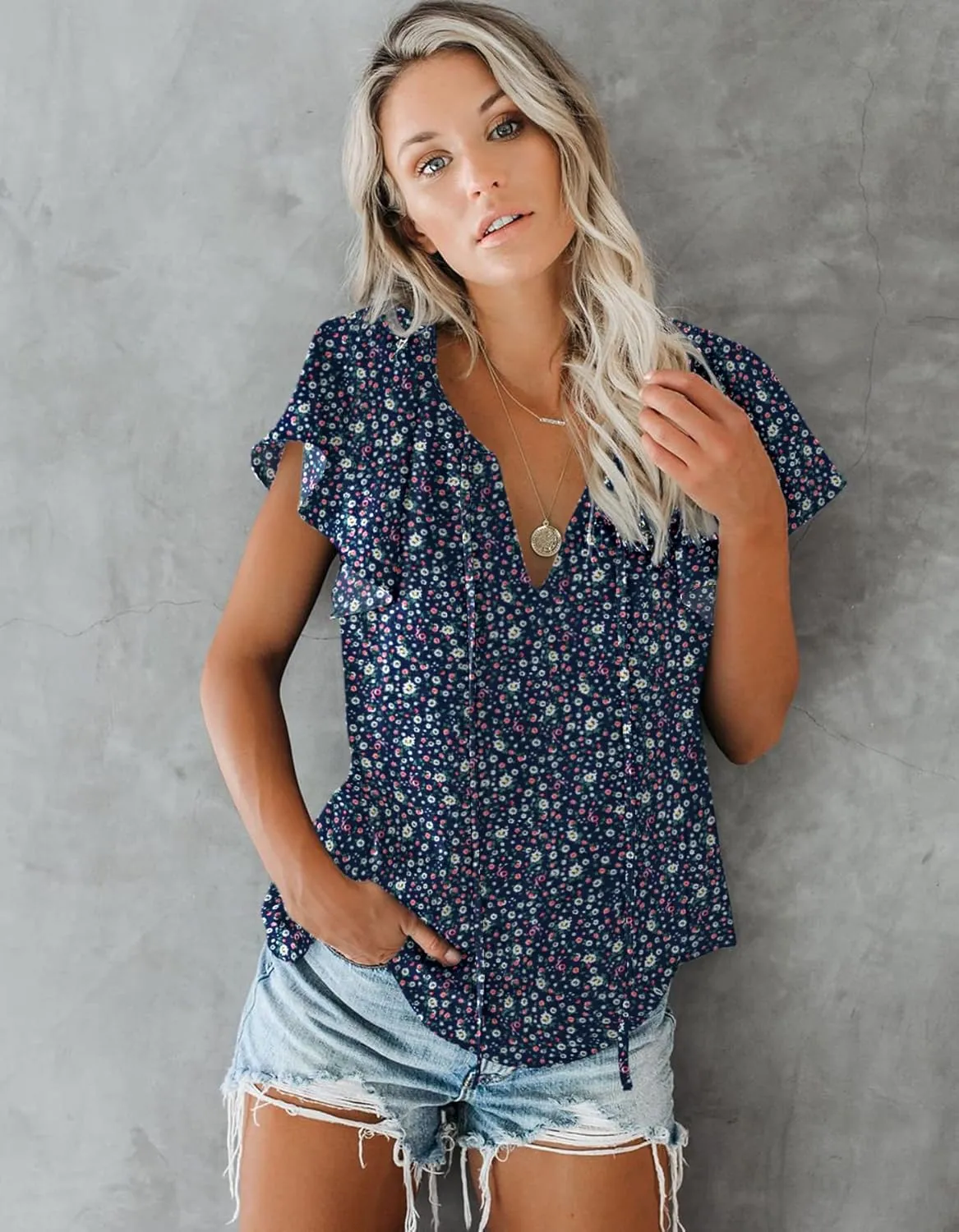 SimpleFun Women's Boho Tops Floral V Neck Short Sleeve Summer Blouse Shirts