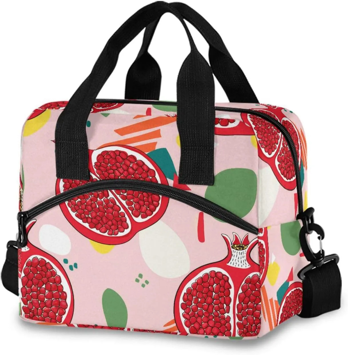 Sinestour Insulated Lunch Bag Reusable Cooler Pomegranate Fruit Pink Lunch Box Adjustable Shoulder Strap for School Men Women