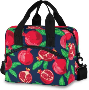 Sinestour Insulated Lunch Bag Reusable Cooler Pomegranate Leaves Blue Lunch Box Adjustable Shoulder Strap for Adults Men Women