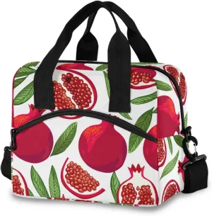 Sinestour Insulated Lunch Bag Reusable Cooler Pomegranate Leaves Fruit White Lunch Box Adjustable Shoulder Strap for School Men Women