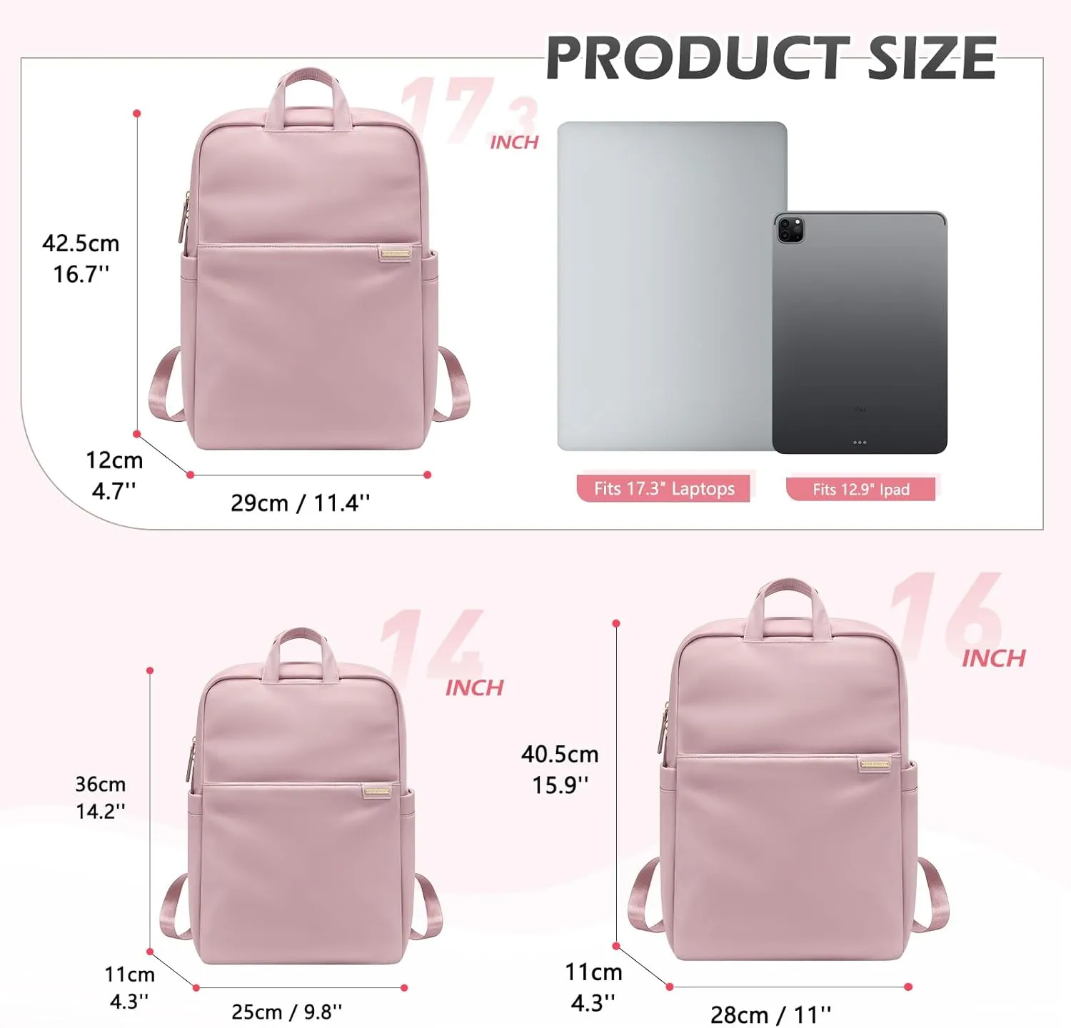 Slim Laptop Backpack for Women, Lightweight Business Backpack for Women Computer Bag Purse for Commuting, Fit 17.3 Inch, Pink