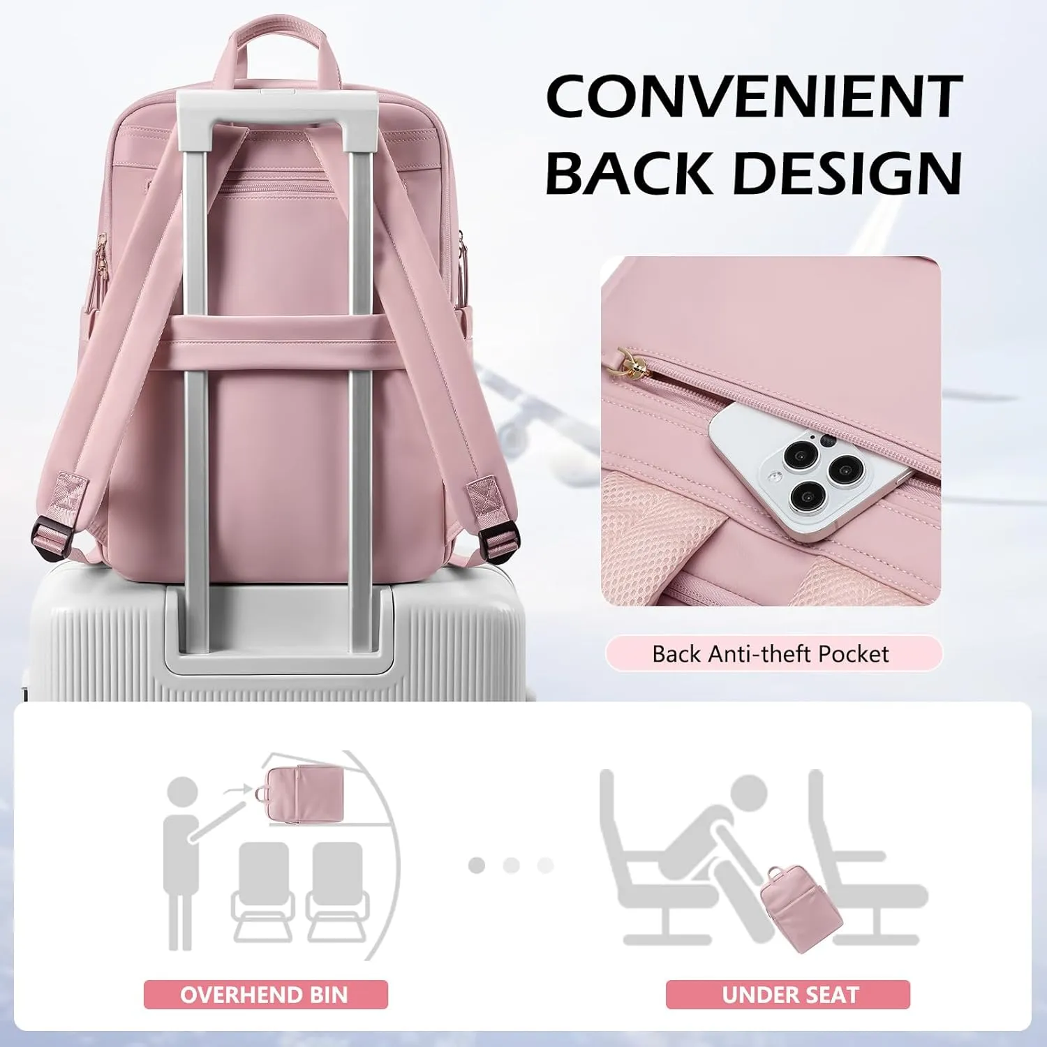 Slim Laptop Backpack for Women, Lightweight Business Backpack for Women Computer Bag Purse for Commuting, Fit 17.3 Inch, Pink