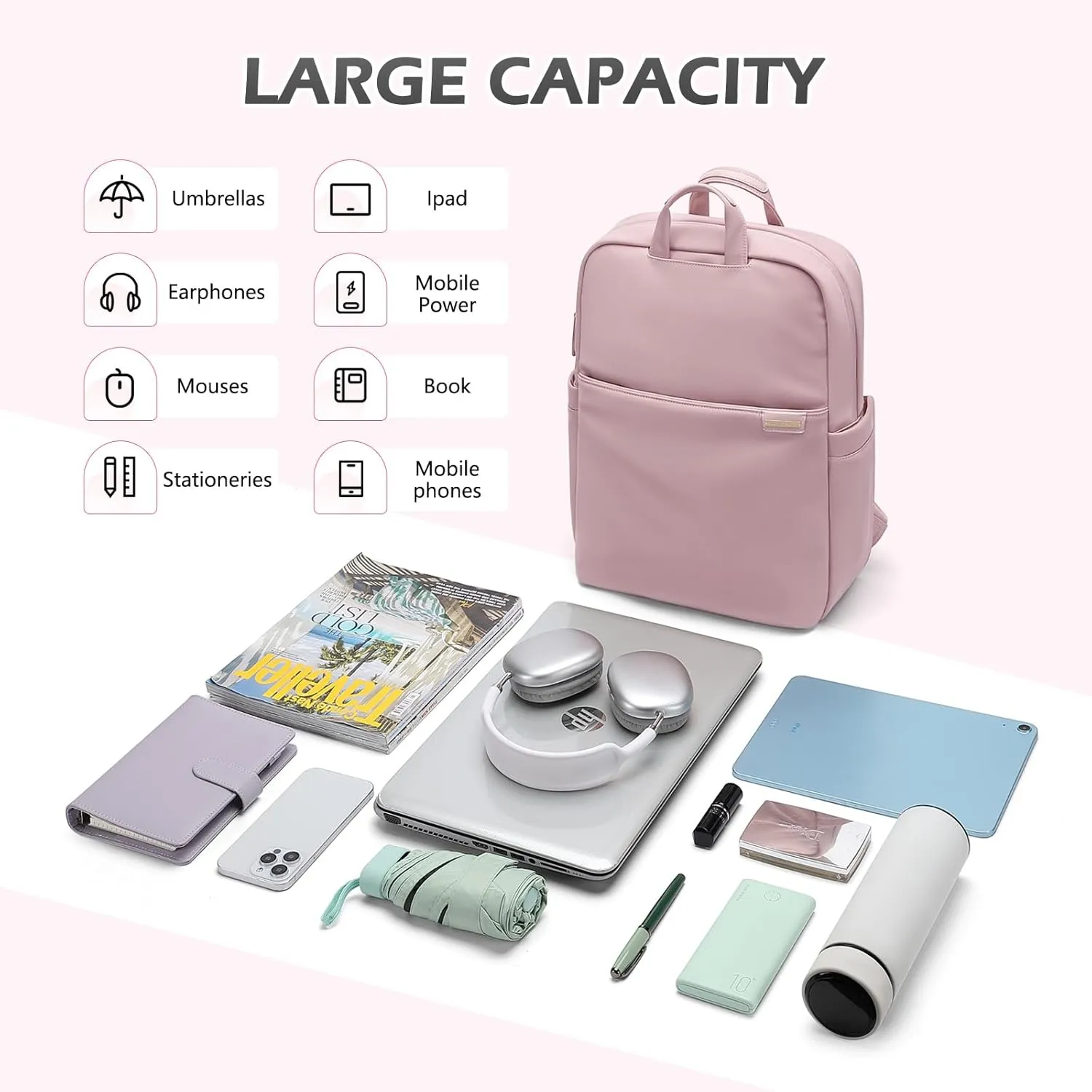 Slim Laptop Backpack for Women, Lightweight Business Backpack for Women Computer Bag Purse for Commuting, Fit 17.3 Inch, Pink