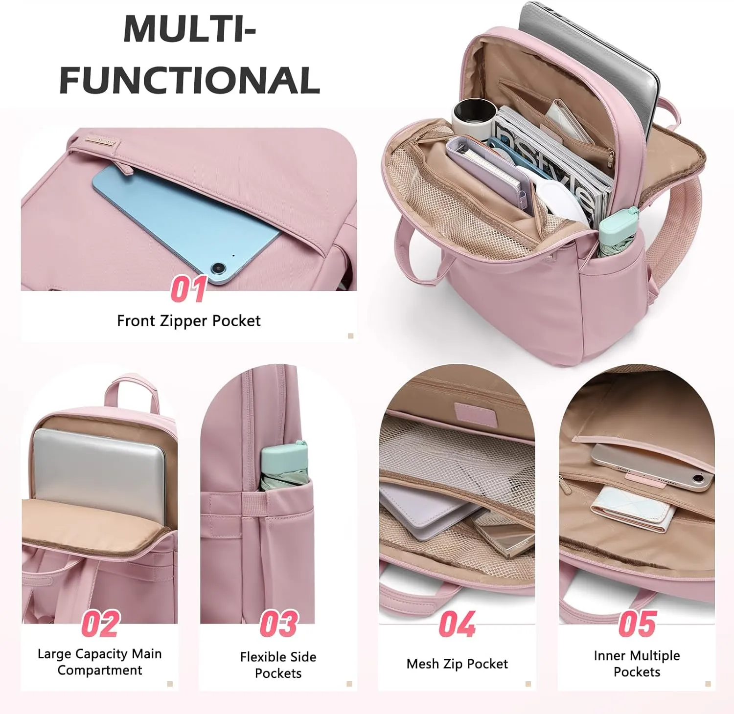 Slim Laptop Backpack for Women, Lightweight Business Backpack for Women Computer Bag Purse for Commuting, Fit 17.3 Inch, Pink