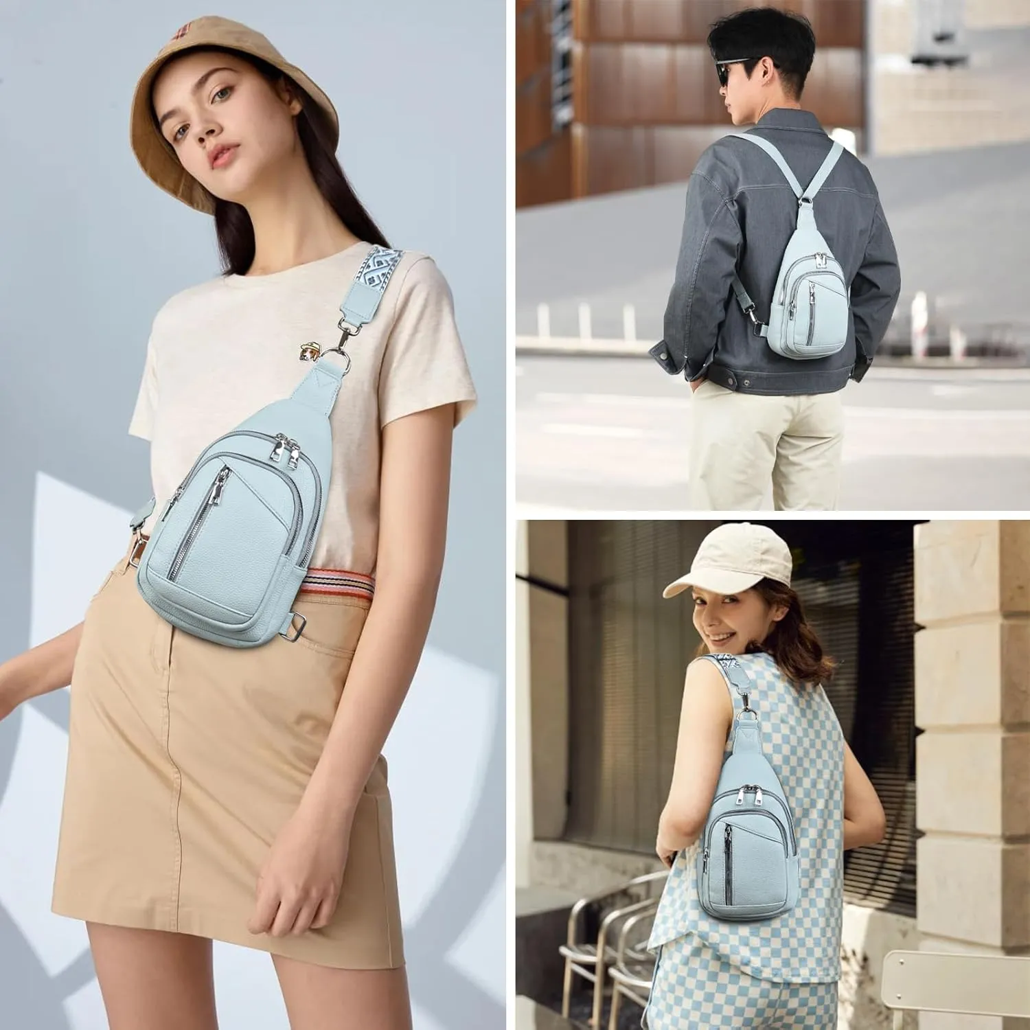 Sling Bag Crossbody Backpack - 2 in 1 Leather Cross Body Bag Fanny Pack with 2 Removable Straps