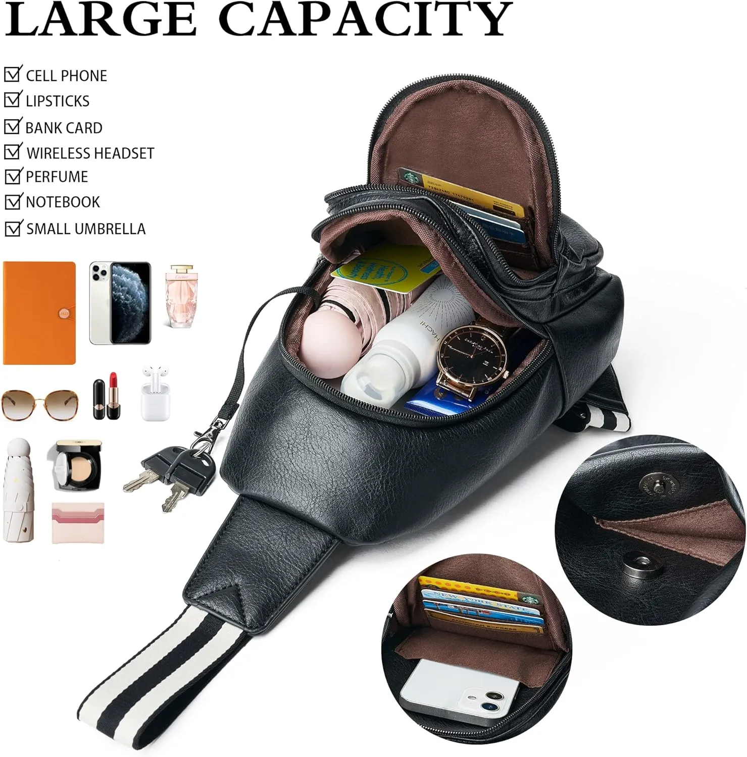 Sling Bag Crossbody Bags for Women for Travel, 3.5 x 10.5 x 6(L x H x W),Adjustable Straps 22.5 to 44 inch