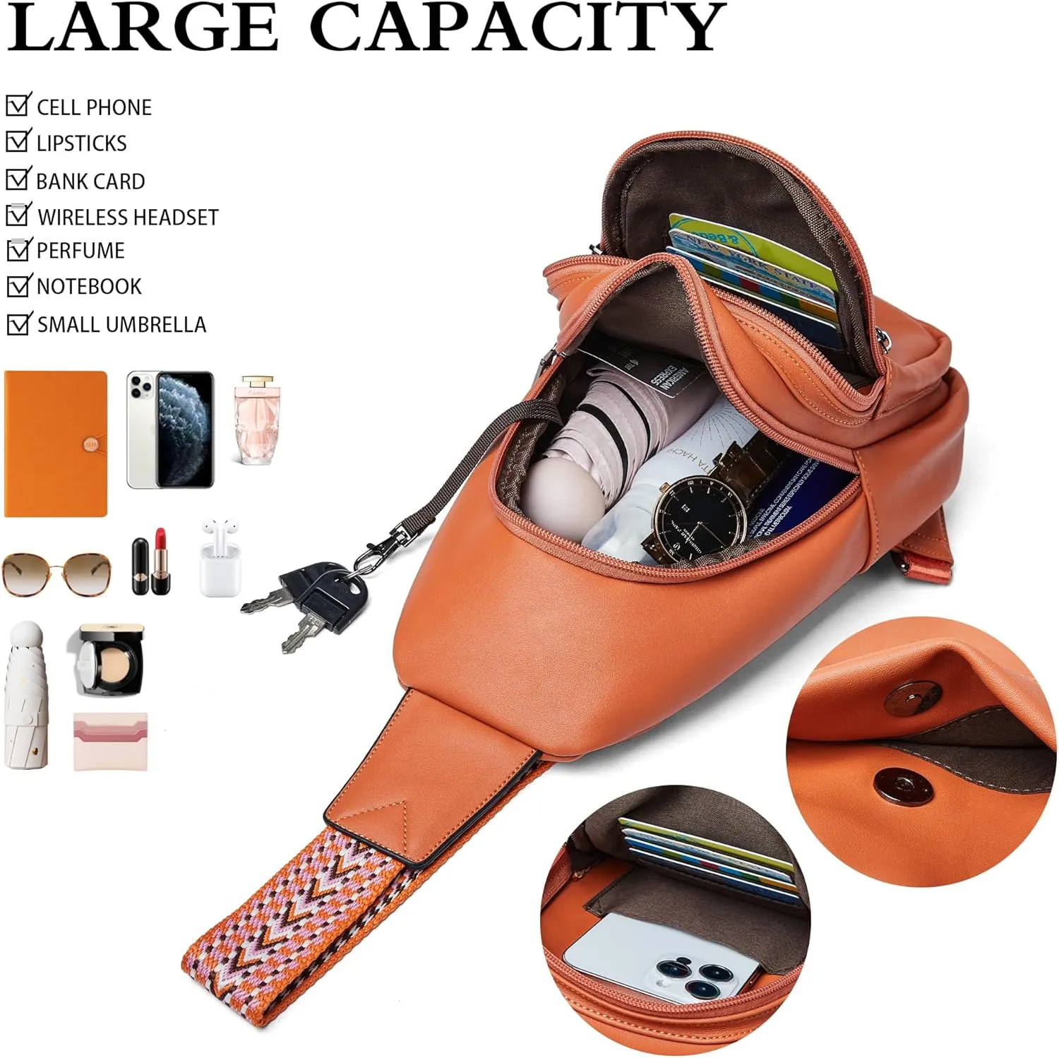 Sling Bag Crossbody Bags for Women for Travel, 3.5 x 10.5 x 6"(L x H x W),Adjustable Straps 22.5 to 44 inch