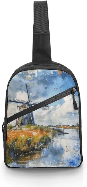 Sling Bag for Men Women Green Landscape Painting Sling Backpack Chest Bag Casual Daypack Crossbody Bag for Travel
