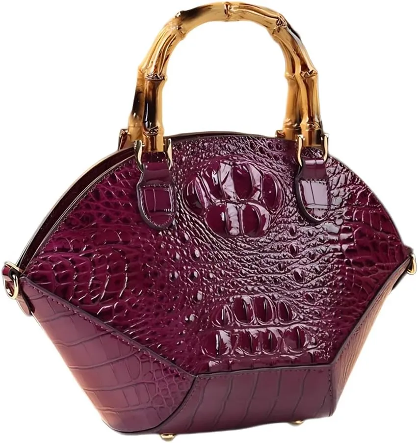Small Clamshell Purses Bag For Women Bamboo Top-Handle Satchel Handbags Shoulder Crossbody Crocodile Pattern Leather Bags