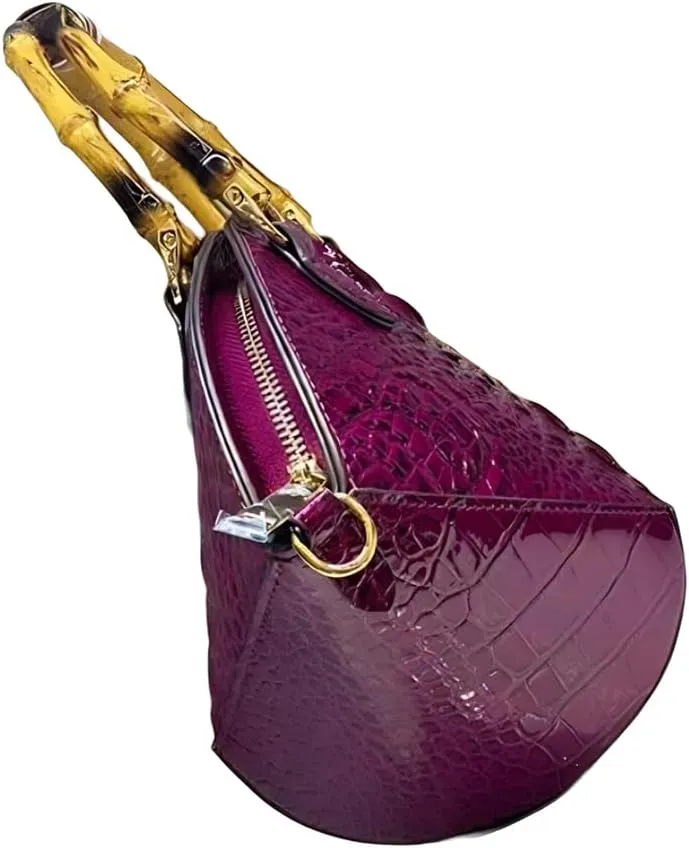 Small Clamshell Purses Bag For Women Bamboo Top-Handle Satchel Handbags Shoulder Crossbody Crocodile Pattern Leather Bags